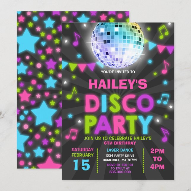 Invitación a la fiesta discoteca Glow Disco Invita (Anverso / Reverso)