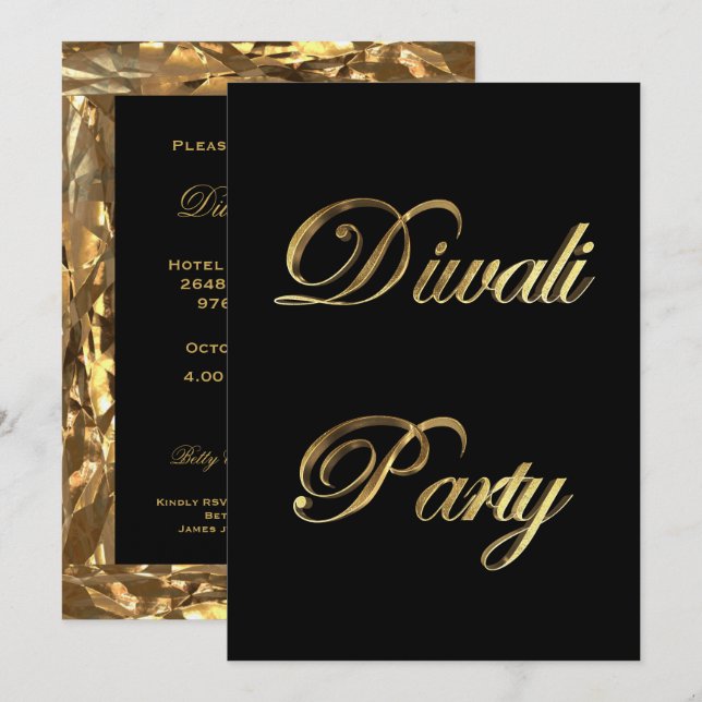 Invitación a la fiesta Diwali elegante negro y oro (Anverso / Reverso)