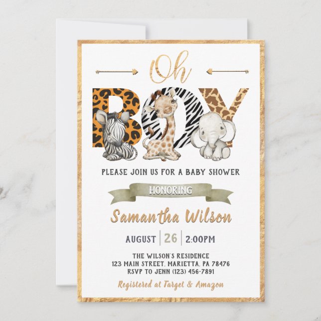 Invitación a la Fiesta Dorada Safari Wild Baby Sho (Anverso)