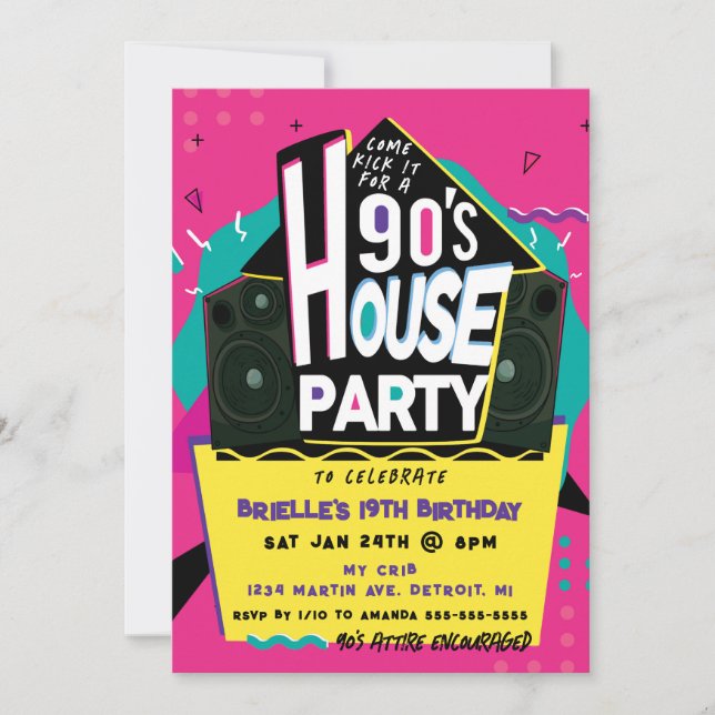 Invitación a la fiesta en la casa de los 90 rosado (Anverso)