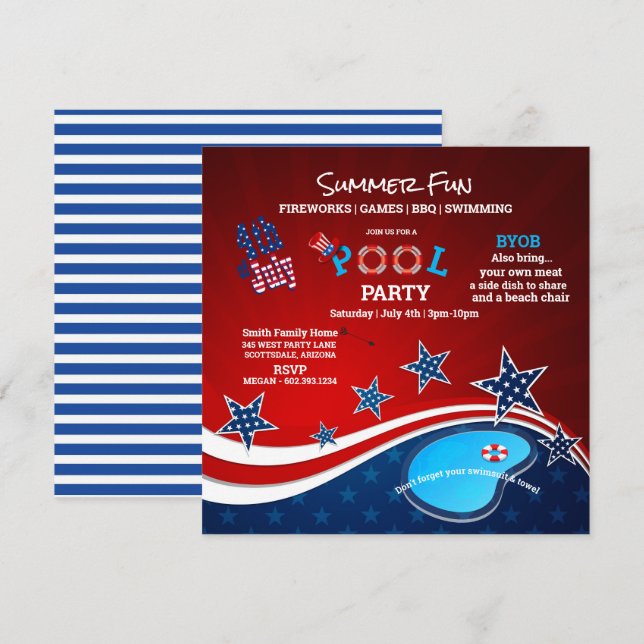 Invitación a la fiesta en la piscina con barbacoa  (Anverso / Reverso)