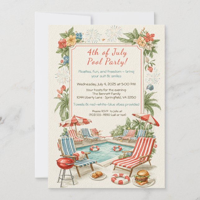 Invitación a la Fiesta en la Piscina del 4 de Juli (Anverso)