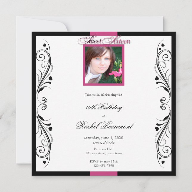 Invitación a la fiesta floral moderna rosa y negra (Anverso)