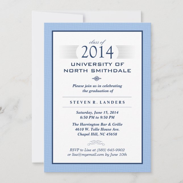 Invitación a la fiesta formal de graduación azul y (Anverso)