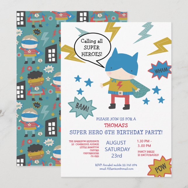 Invitación a la fiesta infantil con tema súper hér (Anverso / Reverso)