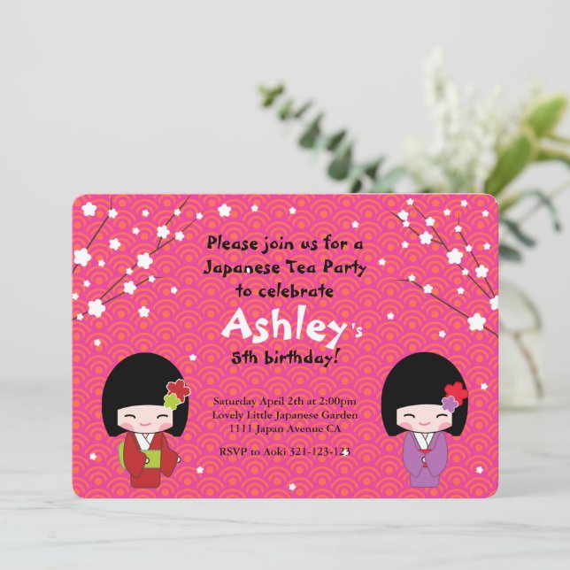 Invitación a la fiesta japonesa del té de la muñec (Anverso de pie)