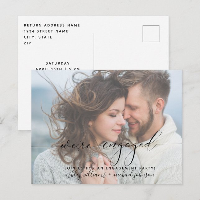 Invitación a la fiesta moderna de compromiso fotog (Anverso / Reverso)