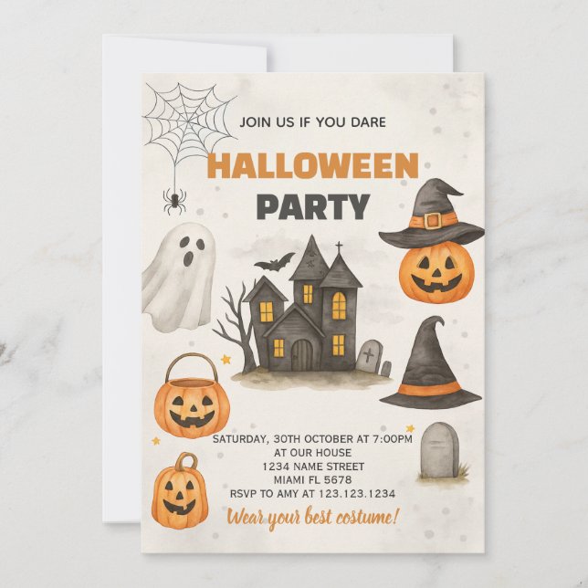 Invitación a la fiesta moderna de Halloween (Anverso)