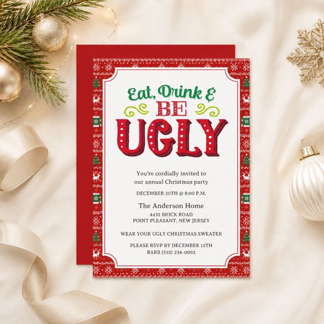 Invitación a la fiesta moderna del suéter feo de N (Modern Ugly Christmas Sweater Party Invitation)