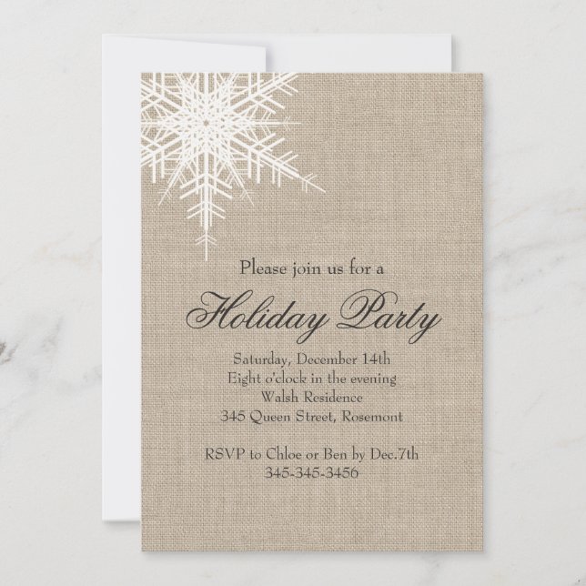 Invitación a la fiesta navideña Burlap Snowflake (Anverso)