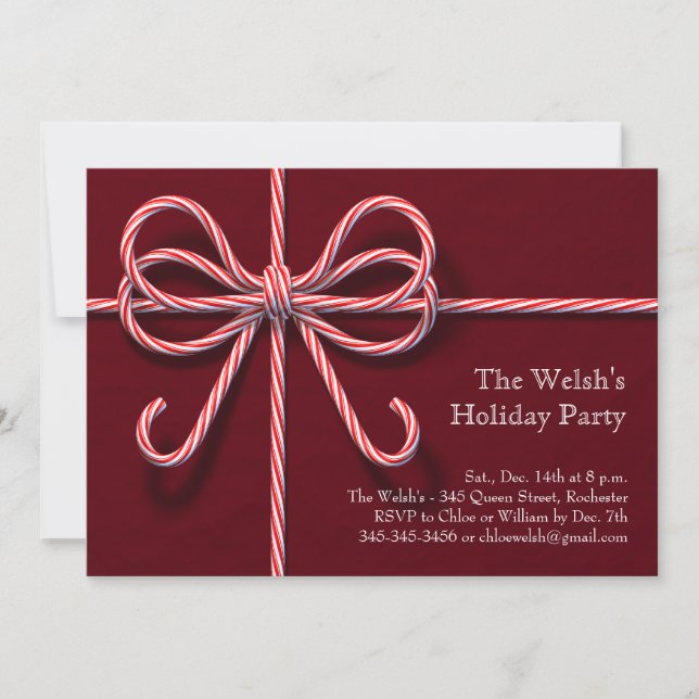 Invitación a la fiesta navideña Candy Cane Bow (Anverso)