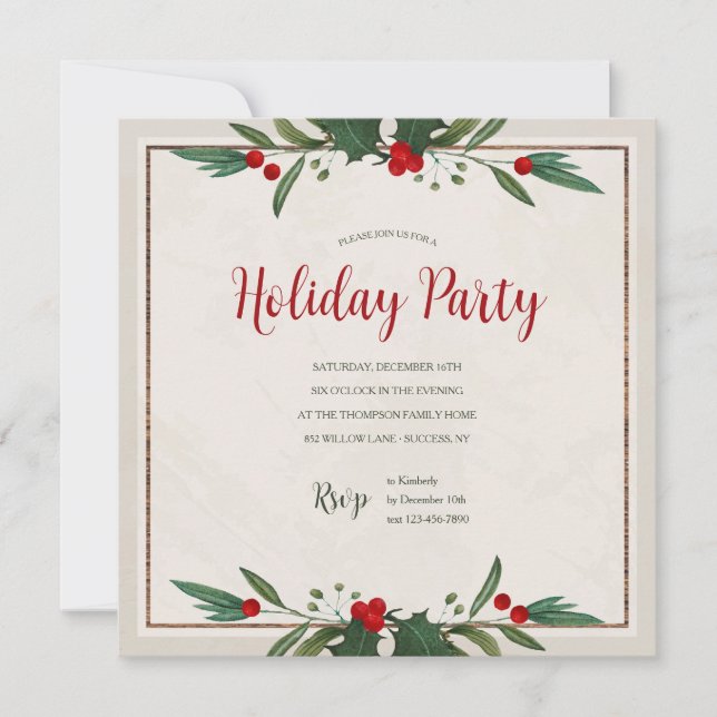 Invitación a la fiesta navideña de Holly Square (Anverso)
