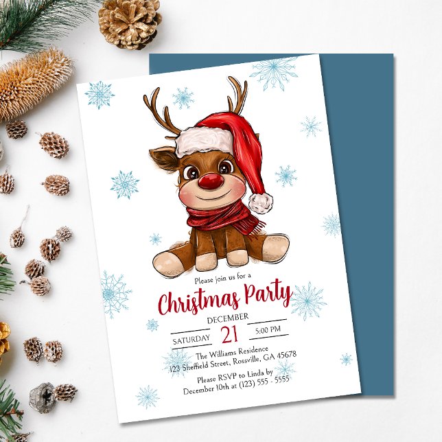 Invitación a la fiesta navideña de los renos feria (Delight your guests with our thoughtfully crafted reindeer Christmas party invitation.)
