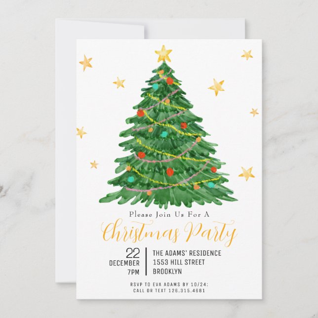Invitación a la fiesta navideña del Árbol acuarela (Anverso)