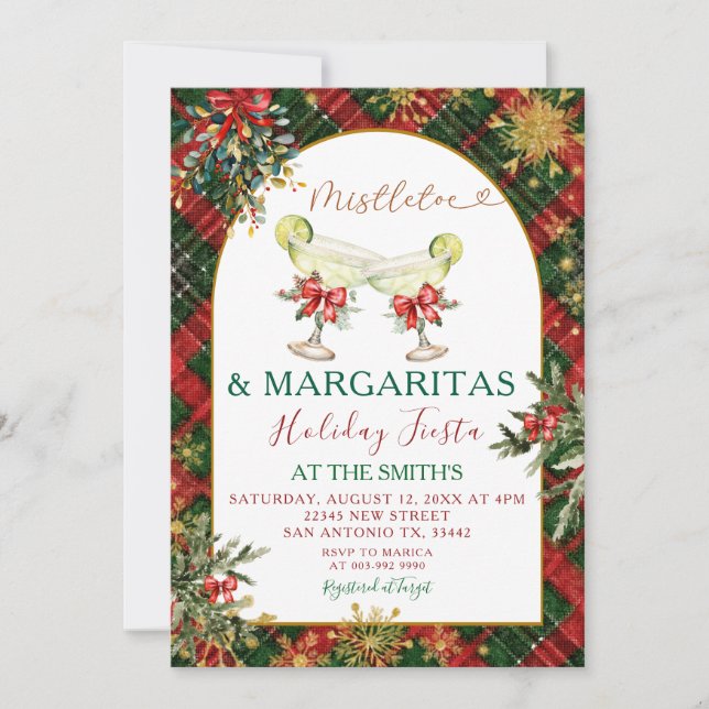Invitación a la Fiesta Navideña Plaid Mistletoe &  (Anverso)