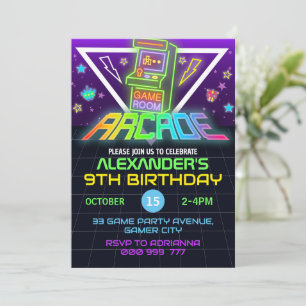 Invitación a la Fiesta Neon de Arcade Birthday Gam
