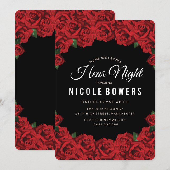 Invitación a la fiesta nocturna Red Roses Hens (Anverso / Reverso)