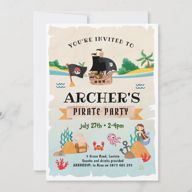 Invitación a la fiesta pirata, cumpleaños de Pirat (Anverso)