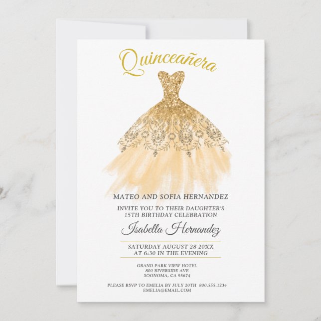 Invitación a la Fiesta Quineanera Gold Purpurina L (Anverso)