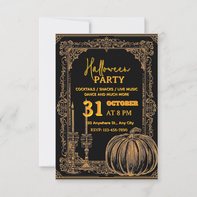 Invitación a la Fiesta Real de Halloween Negro y O (Anverso)