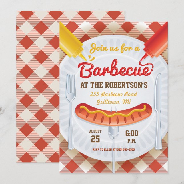 Invitación a la fiesta Retro BBQ en Gingham (Anverso / Reverso)
