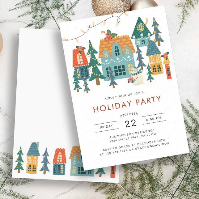 Invitación a la Fiesta Retro de Navidad (Retro Holiday Houses Party Invitation by Painted Paperie)