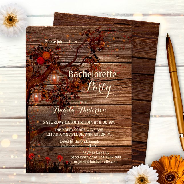 Invitación a la fiesta romántica de la bachillerat (Rustic bachelorette invitation featuring an autumn tree with colorful leaves, roses and lanterns)