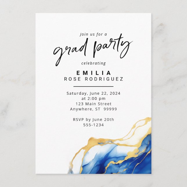 Invitación a la fiesta Royal Blue Yellow Gold Grad (Anverso)