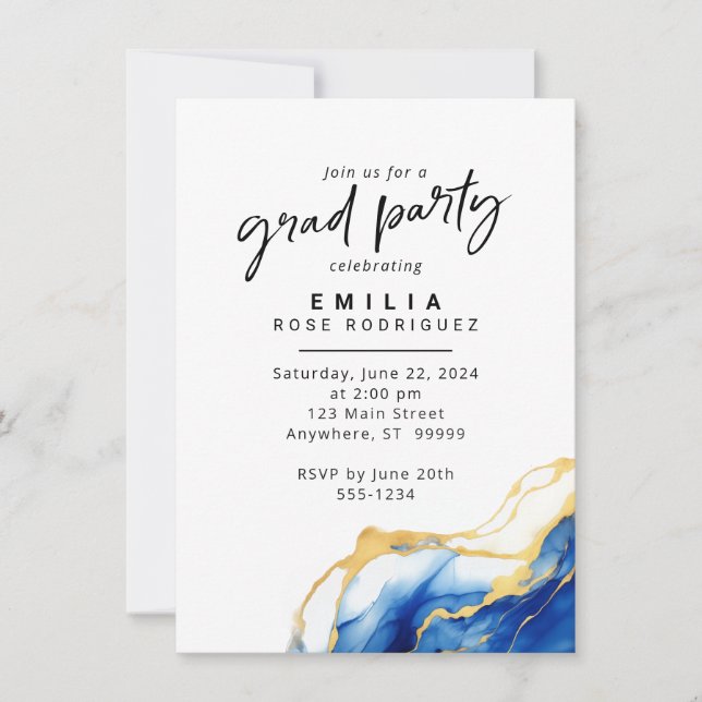 Invitación a la fiesta Royal Blue Yellow Gold Grad (Anverso)