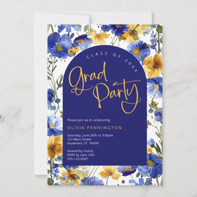 Invitación a la fiesta Royal Blue Yellow Wildflowe (Anverso)