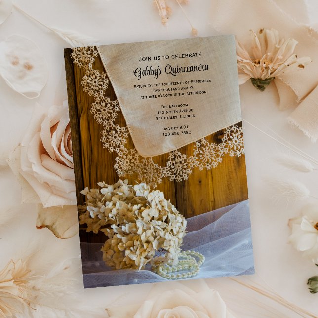 Invitación a la fiesta Rustic Country Lace Quincea (Subido por el creador)