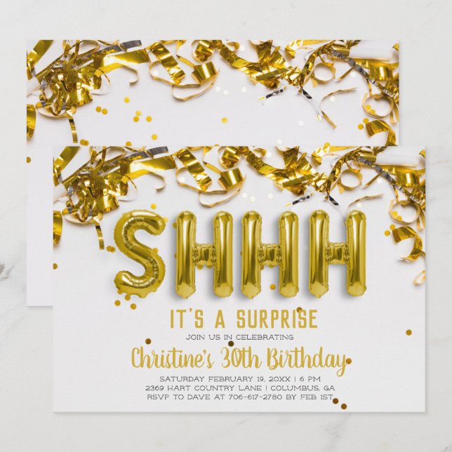 Invitación a la fiesta sorpresa | Globos de oro (Anverso / Reverso)