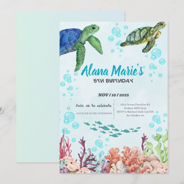 Invitación a la fiesta submarina de cumpleaños con (Anverso / Reverso)