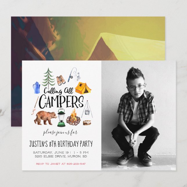 Invitación a la fiesta temática de camping (Anverso / Reverso)