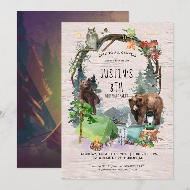 Invitación a la fiesta temática de camping (Anverso / Reverso)