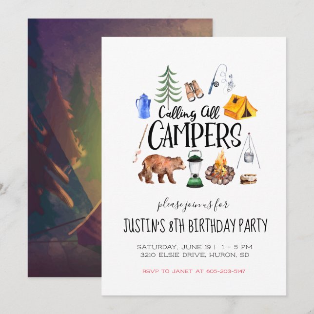 Invitación a la fiesta temática de camping (Anverso / Reverso)