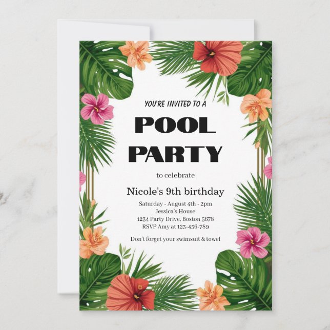 Invitación a la Fiesta Tropical de Piscina Cumplea (Anverso)