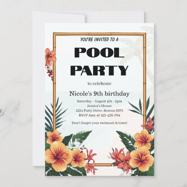 Invitación a la Fiesta Tropical de Piscina Cumplea (Anverso)
