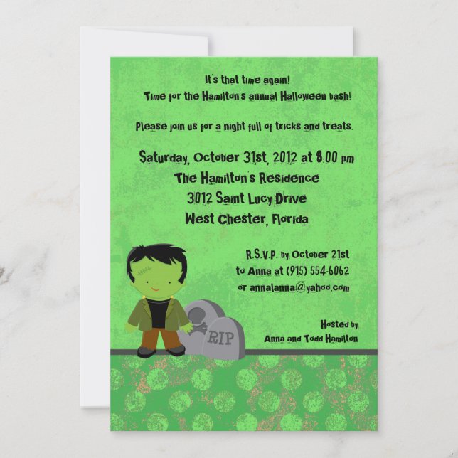 Invitación a la fiesta verde de Halloween para los (Anverso)