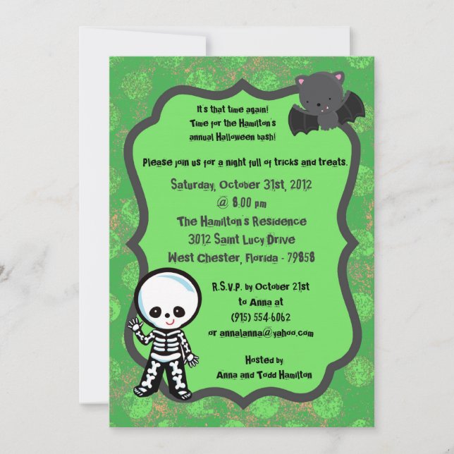 Invitación a la fiesta verde de Halloween para niñ (Anverso)