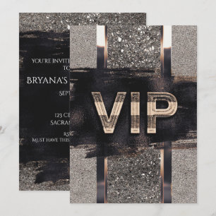 Invitación a la fiesta VIP de negro y metálico fal