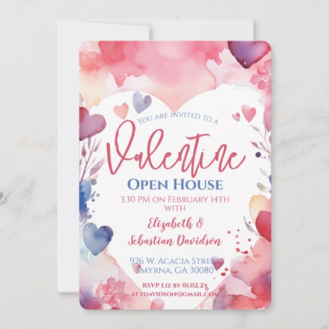 Invitación a la fiesta Watercolor Valentine Open H (Anverso)