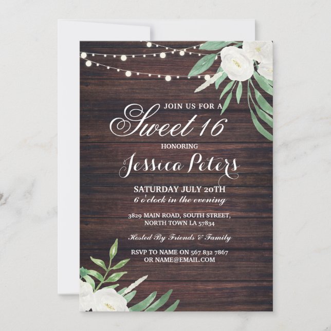 Invitación a la flor blanca floral Rustic Sweet 16 (Anverso)