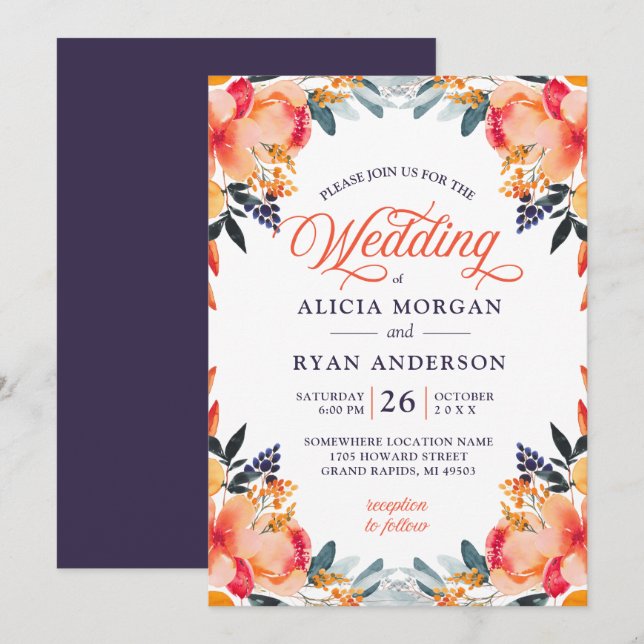 Invitación a la flor color morado naranja odessa (Anverso / Reverso)