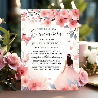 Invitación A La Flor De Cerezo Rosa De Madera Quinceanera
