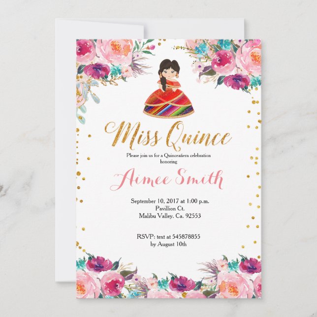 Invitación a la flor de oro rosa de mis quinceañer (Anverso)