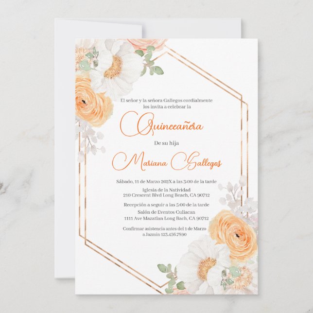 Invitación a la flor de primavera Quinceanera (Anverso)