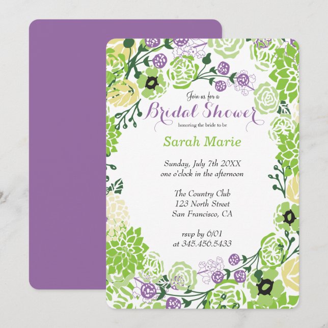Invitación a la flor floral morada y verde (Anverso / Reverso)