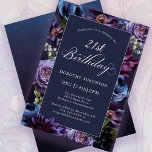 Invitación a la flor morada de cumpleaños Moody<br><div class="desc">Las flores moradas moradas crean un borde exuberante en esta invitación de fiesta de 21 años. El azul polvoriento y el blanco marfil se añaden a la pantalla floral. Un fondo oscuro aumenta el ánimo y hace que el texto blanco aparezca. La escritura caligráfica tradicional le da un ambiente elegante....</div>