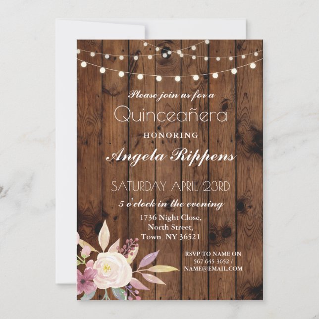 Invitación a la flor Quinceanera de Madera Rústica (Anverso)